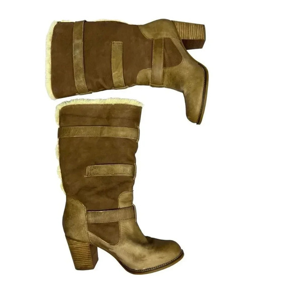 Giani Bini Knee Length Riding Boots 11M Tan Faux Fur Lining Buckle Heel Pull On - Picture 4 of 11